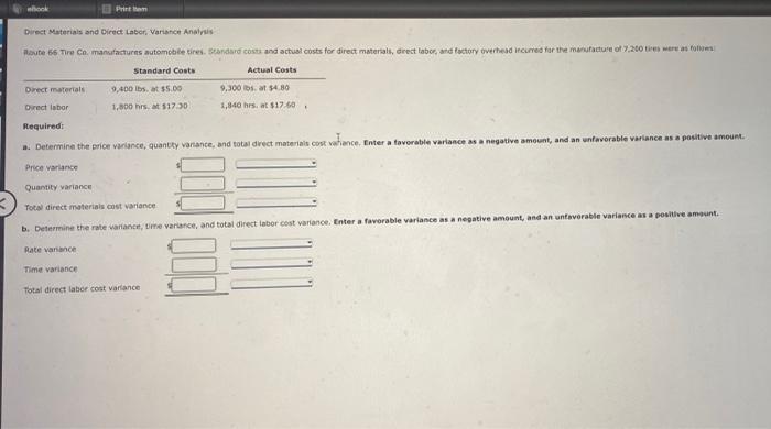  Print Direct Materials and Direct Labor, Variance Analysis Route 66 Tire