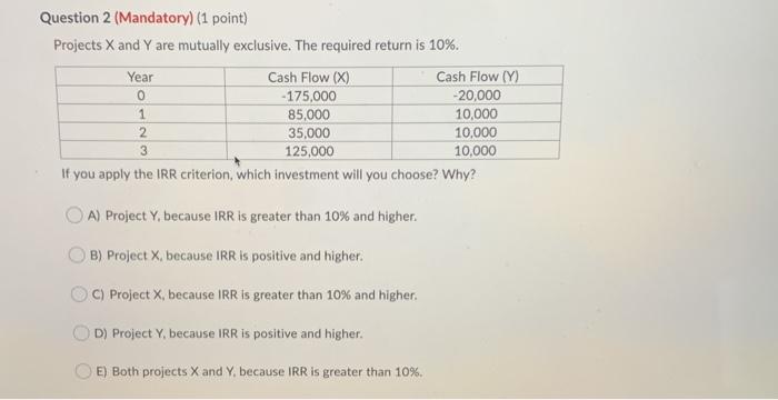  Question 2 (Mandatory) (1 point) Projects X and Y are mutually