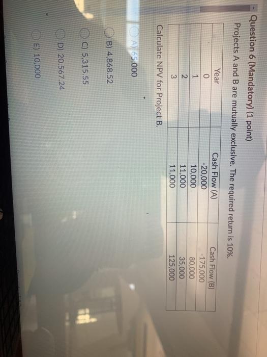  Question 6 (Mandatory) (1 point) Projects A and B are mutually