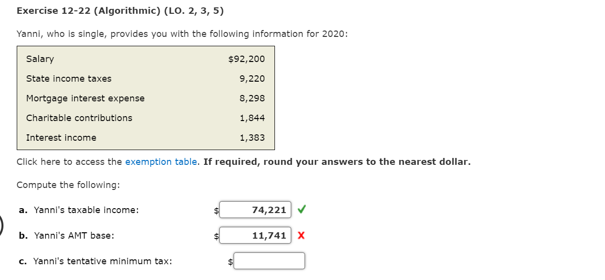  Exercise 12-22 (Algorithmic) (LO. 2, 3, 5) Yanni, who is single,