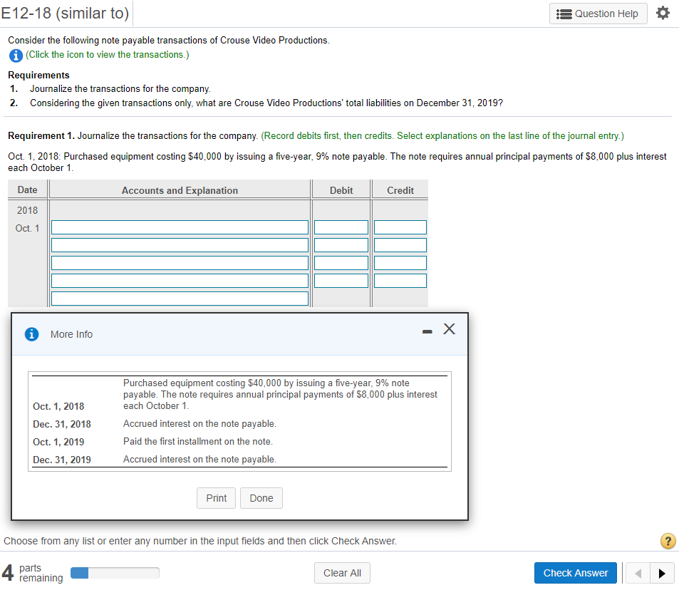  E12-18 (similar to) Question Help Consider the following note payable transactions
