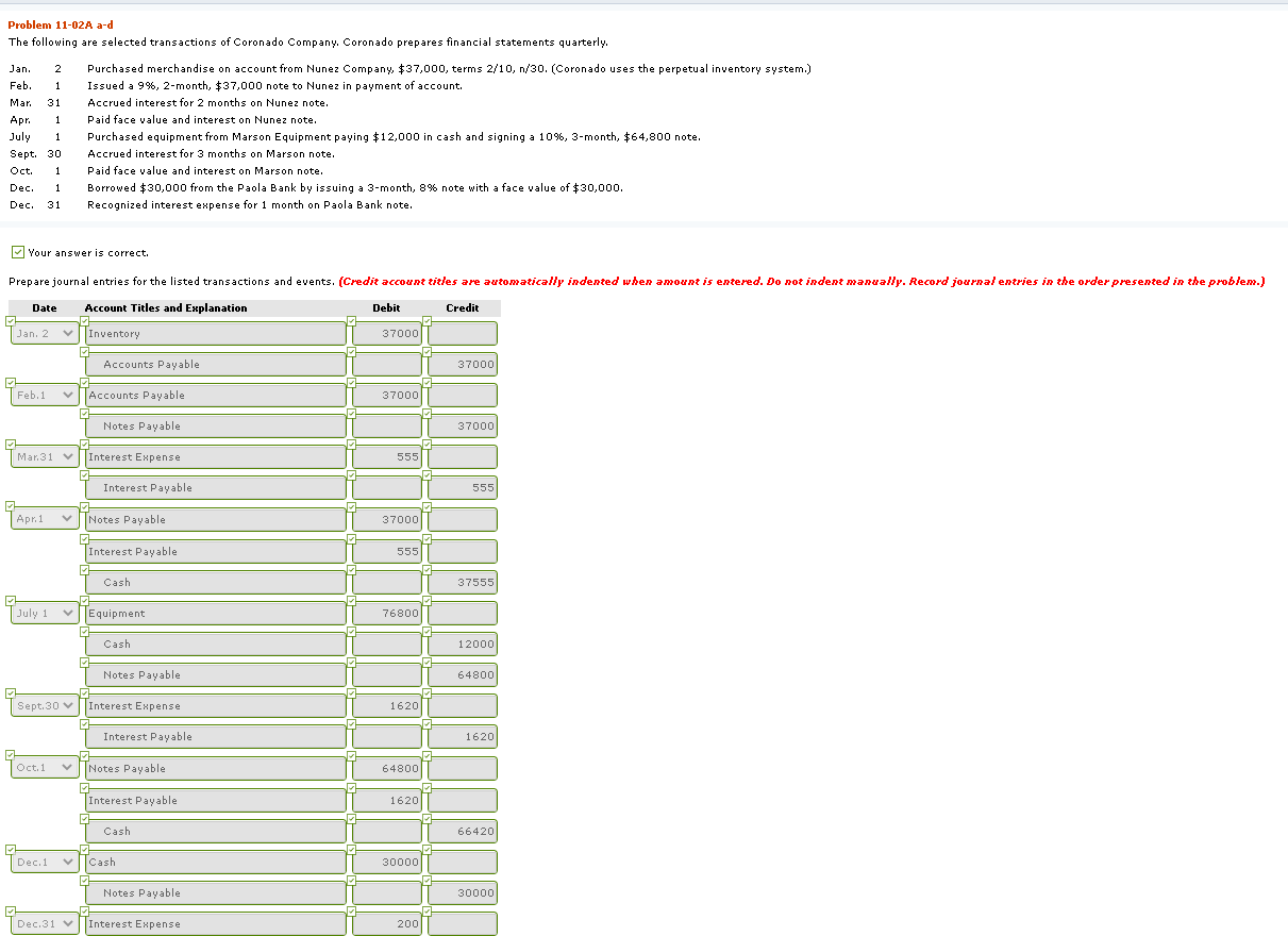 Notes Payable, Interest Payable, and Interest Expense. (Post entries in the order