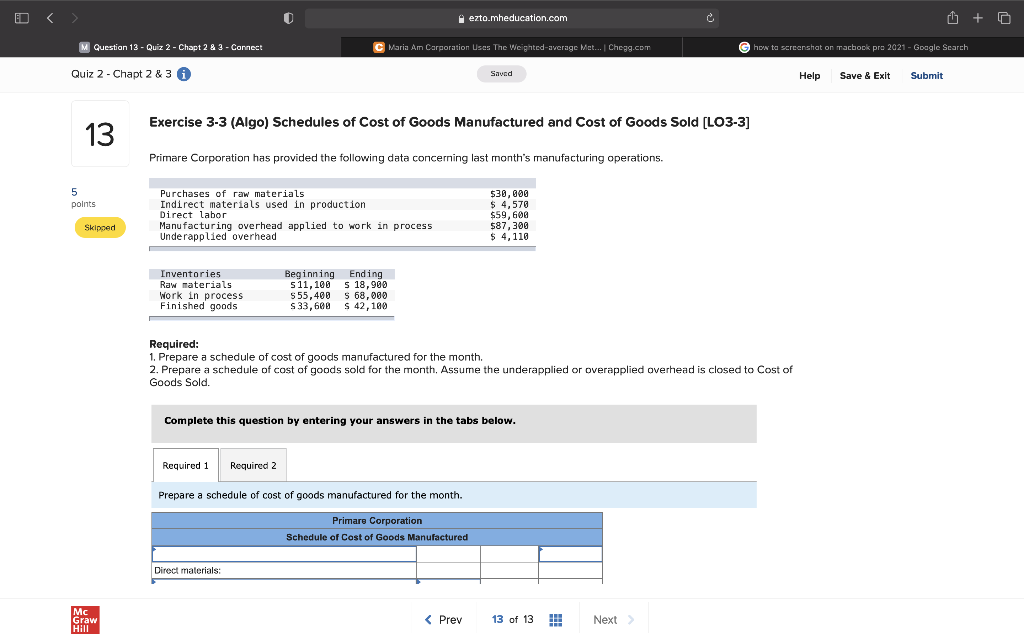 ezto.mheducation.com + 0 M Question 13 - Quiz 2 - Chapt