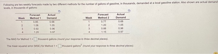  Following are two weekly forecasts made by two different methods for