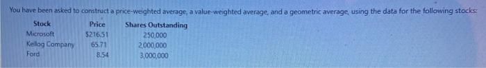  You have been asked to construct a price-weighted average, a value-weighted