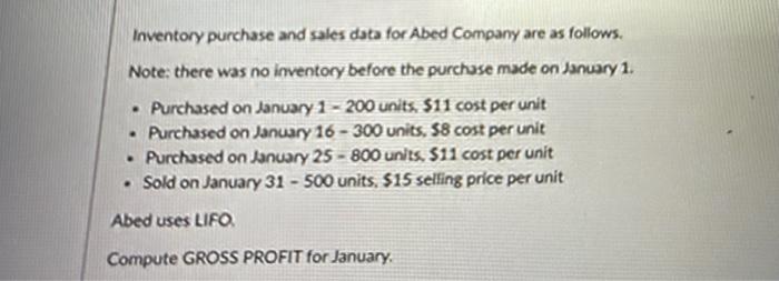 please show steps Inventory purchase and sales data for Abed Company are