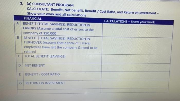  3. (a) CONSULTANT PROGRAM CALCLULATE: Benefit, Net benefit, Benefit / Cost