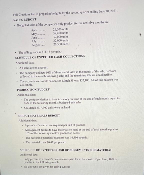 fall creations inc. is preparing budgets for the second quarter ending june