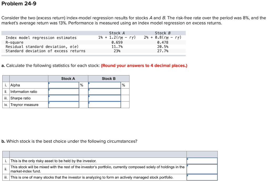 Problem 24-9 Consider the two (excess return) index-model regression results for