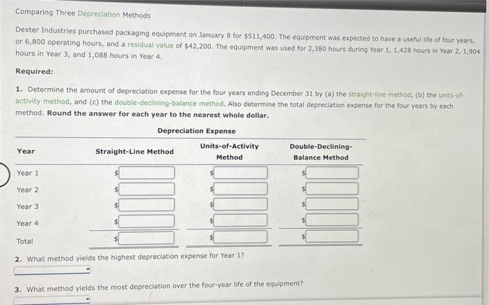  Comparing Three Depreciation Methods Dexter Industries purchased packaging equipment on January
