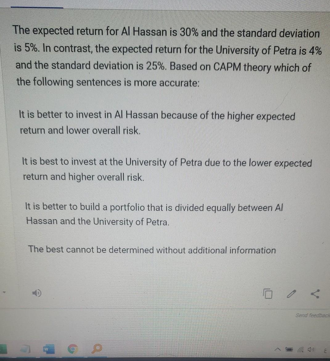 which answer is correct The expected return for Al Hassan is
