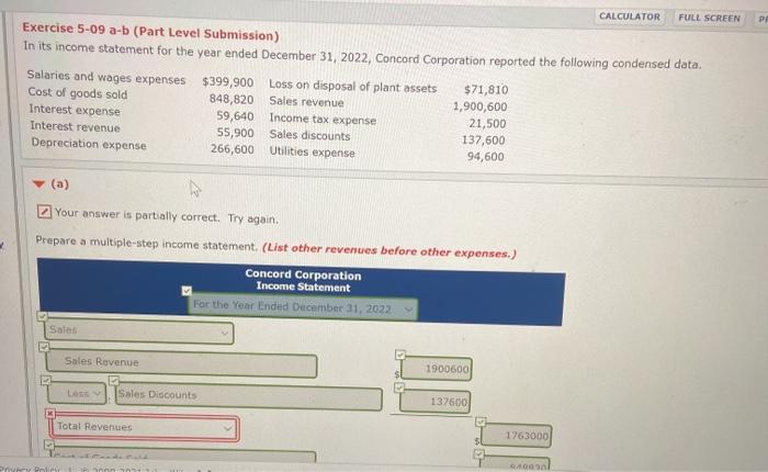  CALCULATOR FULL SCREEN P Exercise 5-09 a-b (Part Level Submission) In