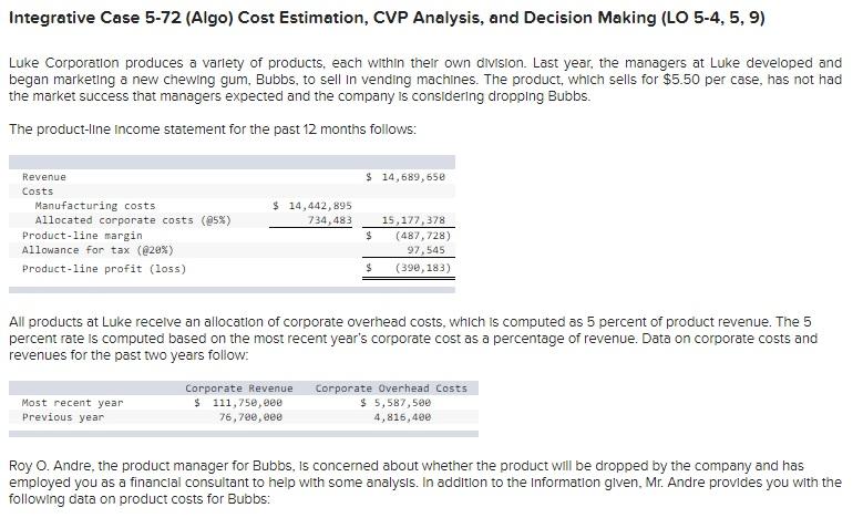 Integrative Case 5-72 (Algo) Cost Estimation, CVP Analysis, and Decision Making