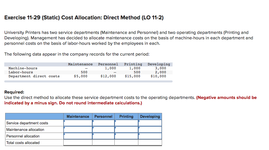  Exercise 11-29 (Static) Cost Allocation: Direct Method (LO 11-2) University Printers