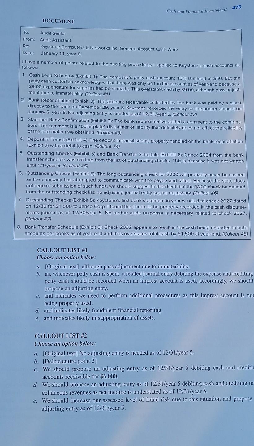 presents the Keystone Computers & Networks, Inc. (Keystone) Cash Work Memo for