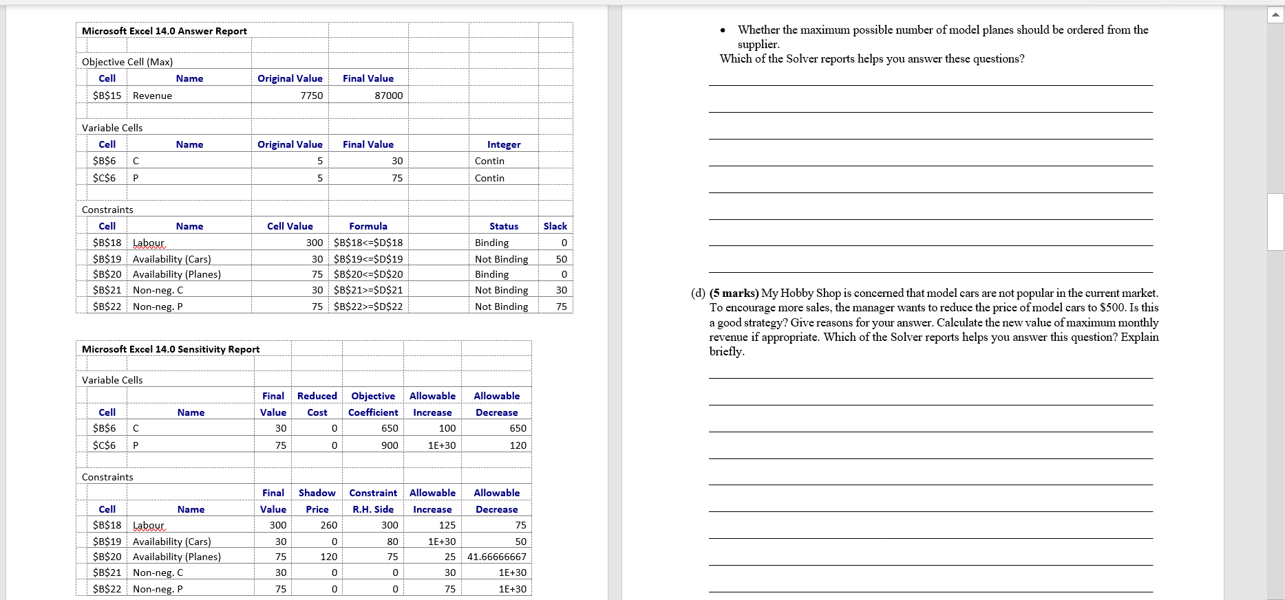  Microsoft Excel 14.0 Answer Report Whether the maximum possible number of