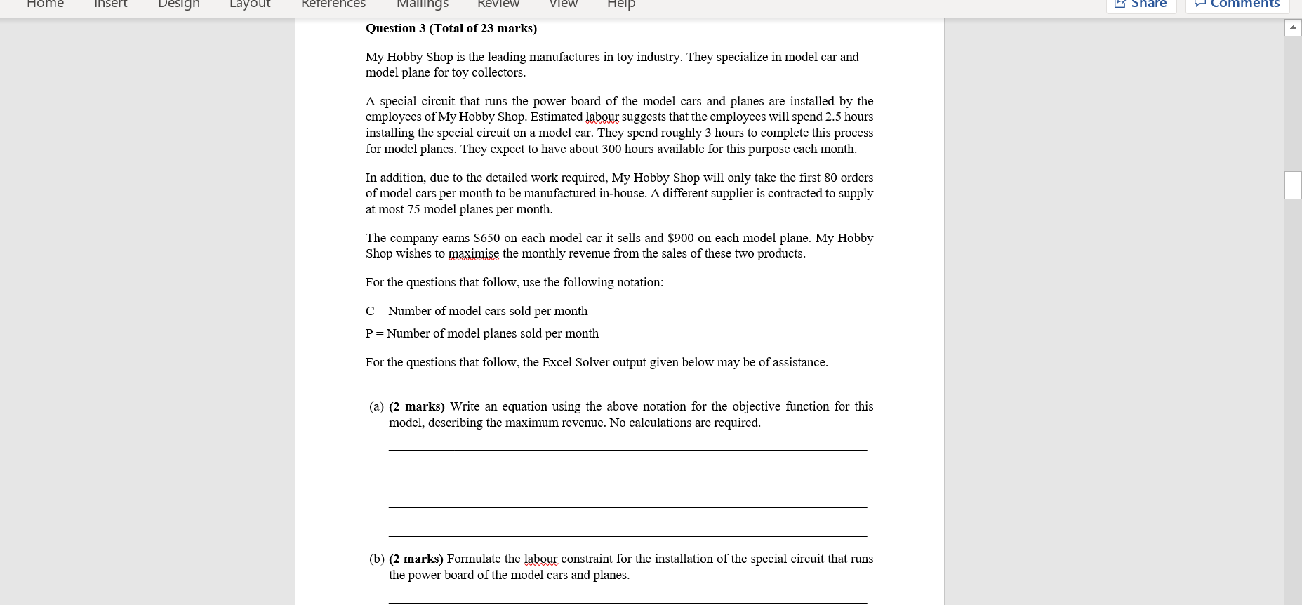 model planes should be ordered from the supplier. Which of the Solver