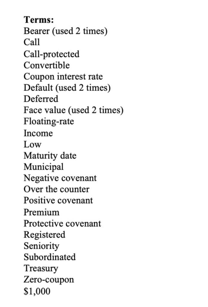 Terms are provided on the next page. 1. Long term corporate debt