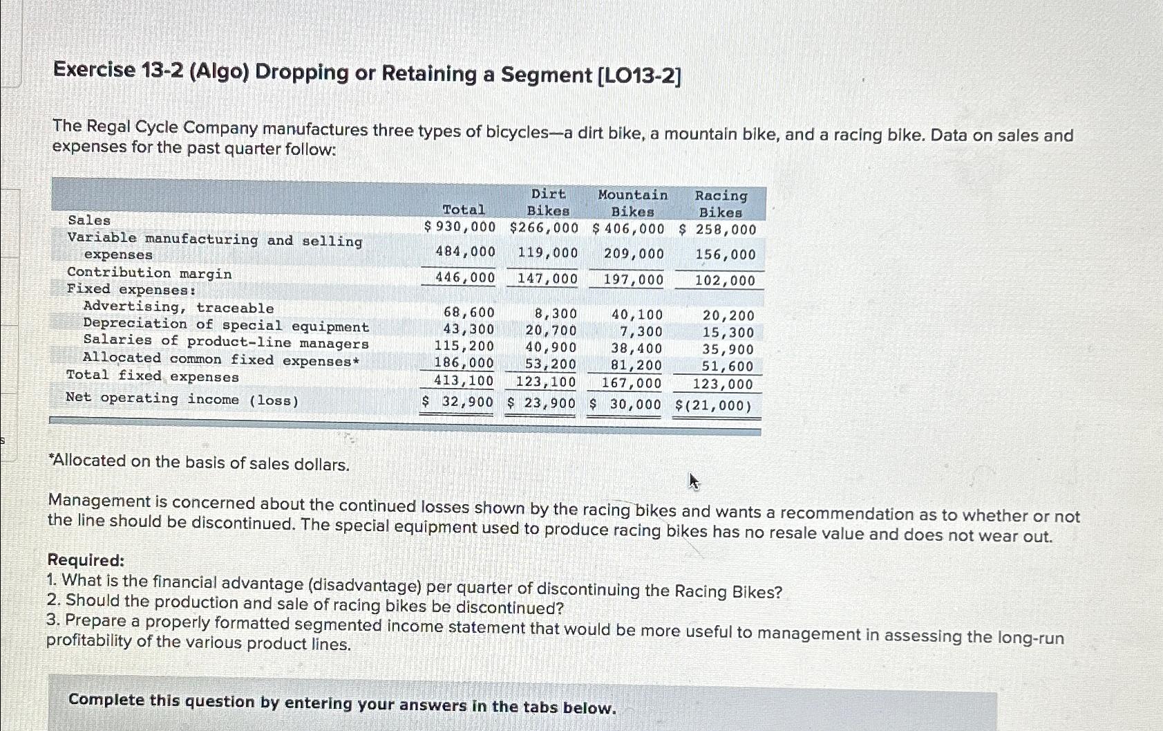  Exercise 13-2(Algo) Dropping or Retaining a Segment [LO13-2] The Regal Cycle