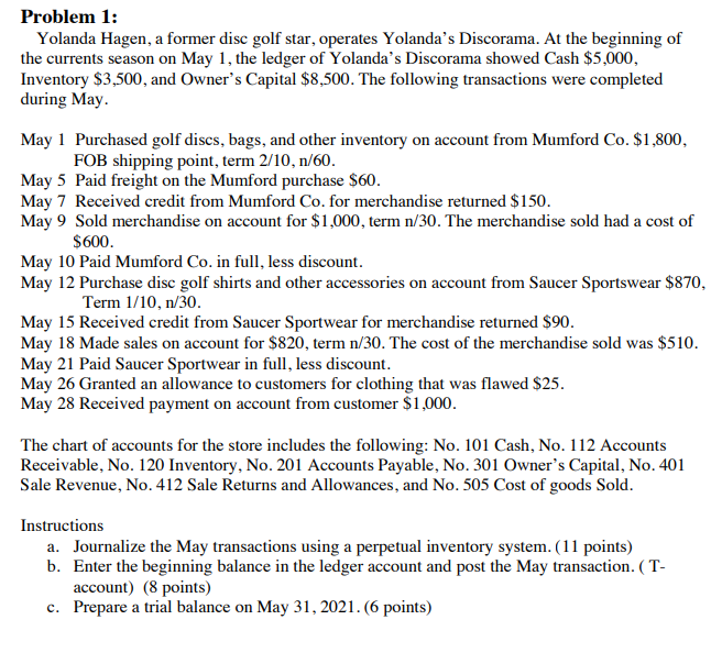 Problem 1: Yolanda Hagen, a former disc golf star, operates Yolandas Discorama.