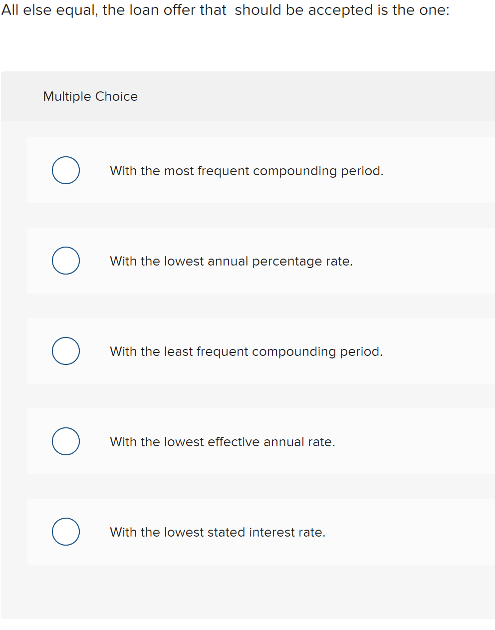  All else equal, the loan offer that should be accepted is