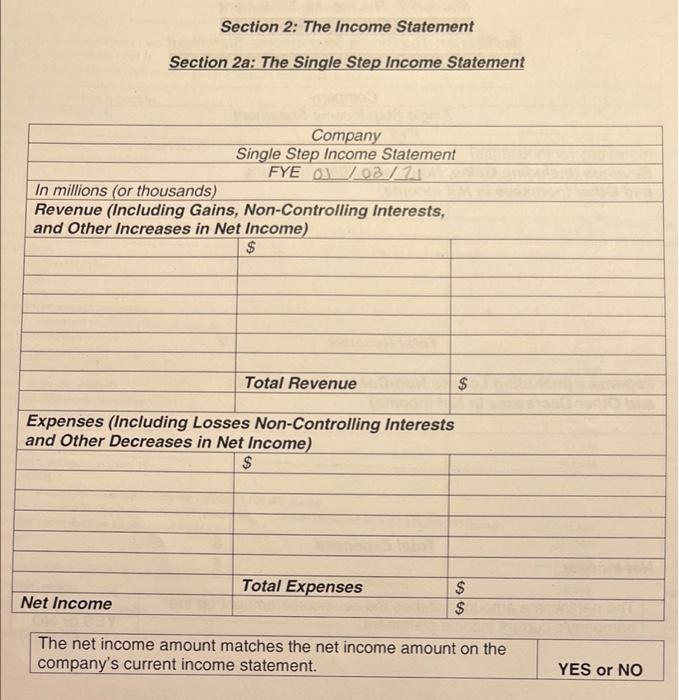  Section 2: The Income Statement Section 2a: The Single Step Income