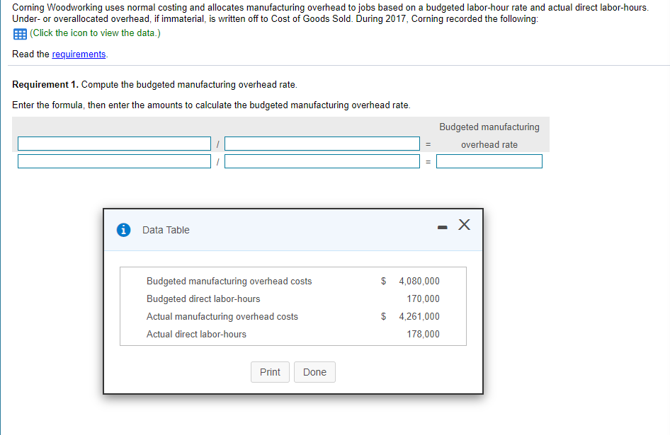  Corning Woodworking uses normal costing and allocates manufacturing overhead to jobs