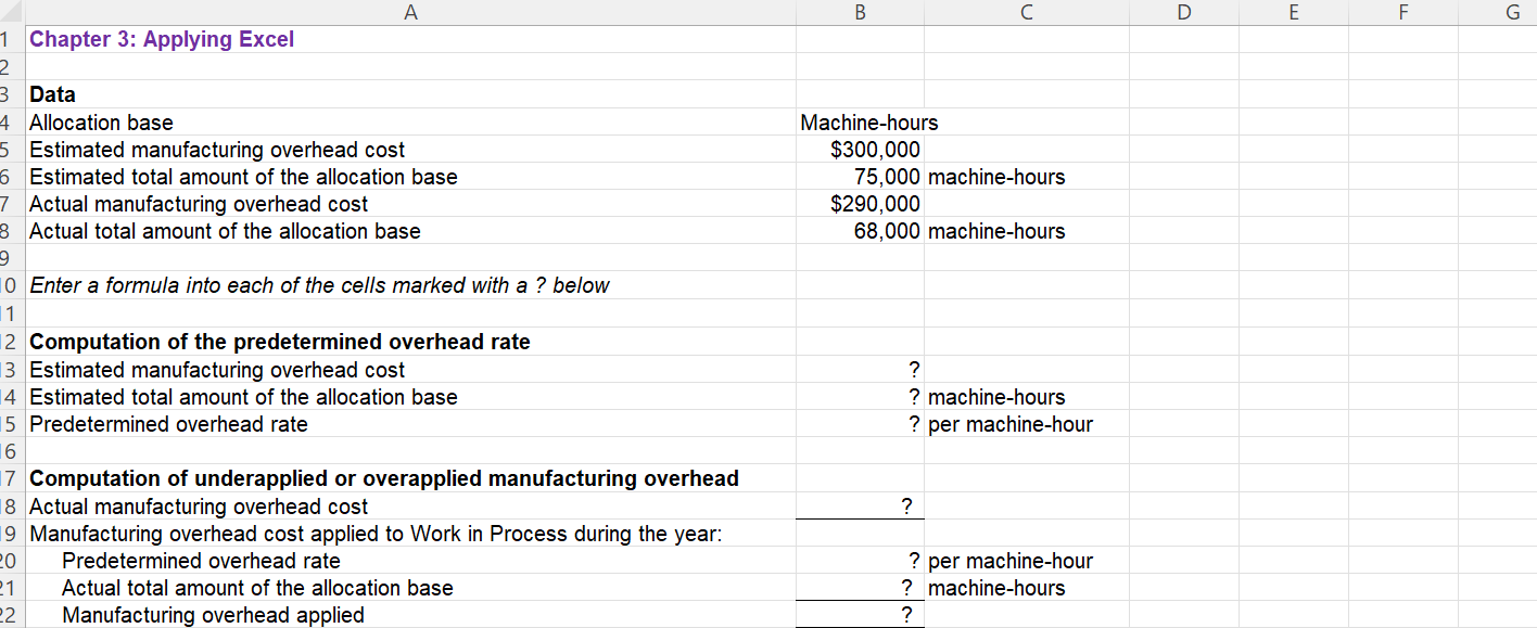  Chapter 3: Applying Excel Data Allocation base Machine-hours Estimated manufacturing overhead