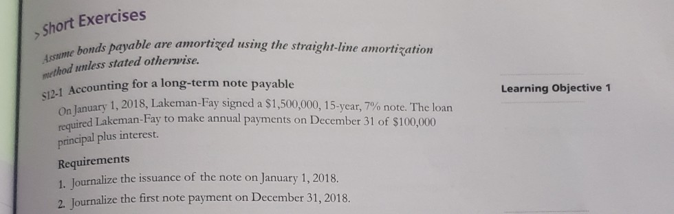  Short Exercises Assume bonds payable are pavable are amortized using the