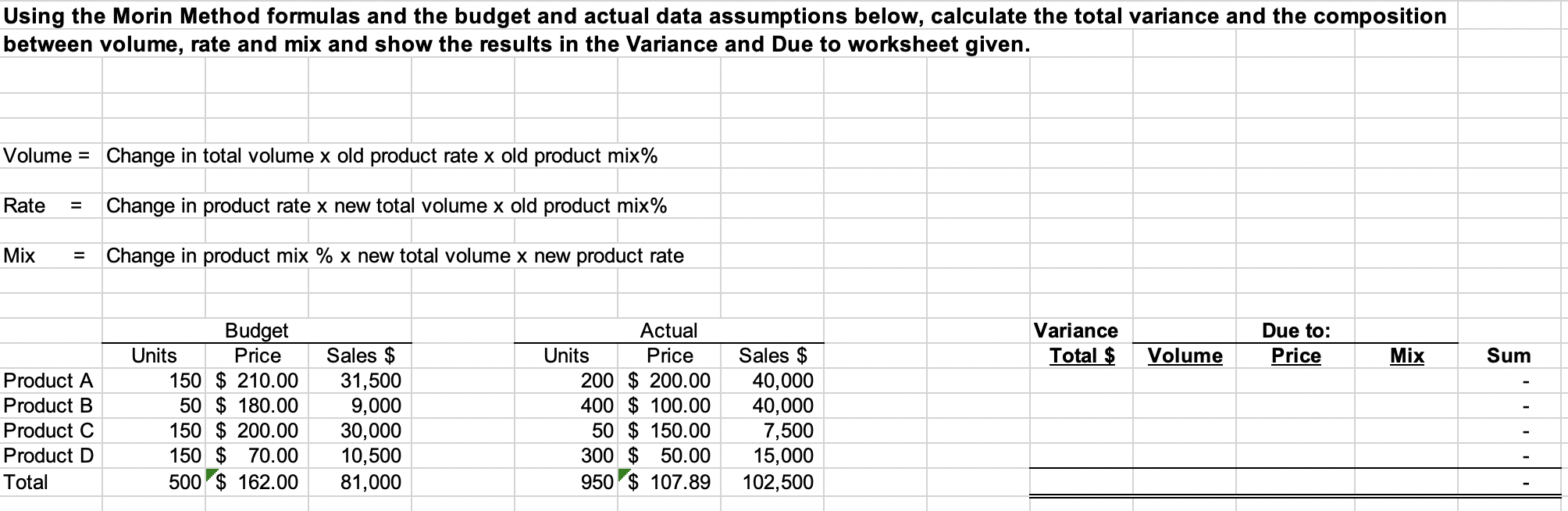  Using the Morin Method formulas and the budget and actual data
