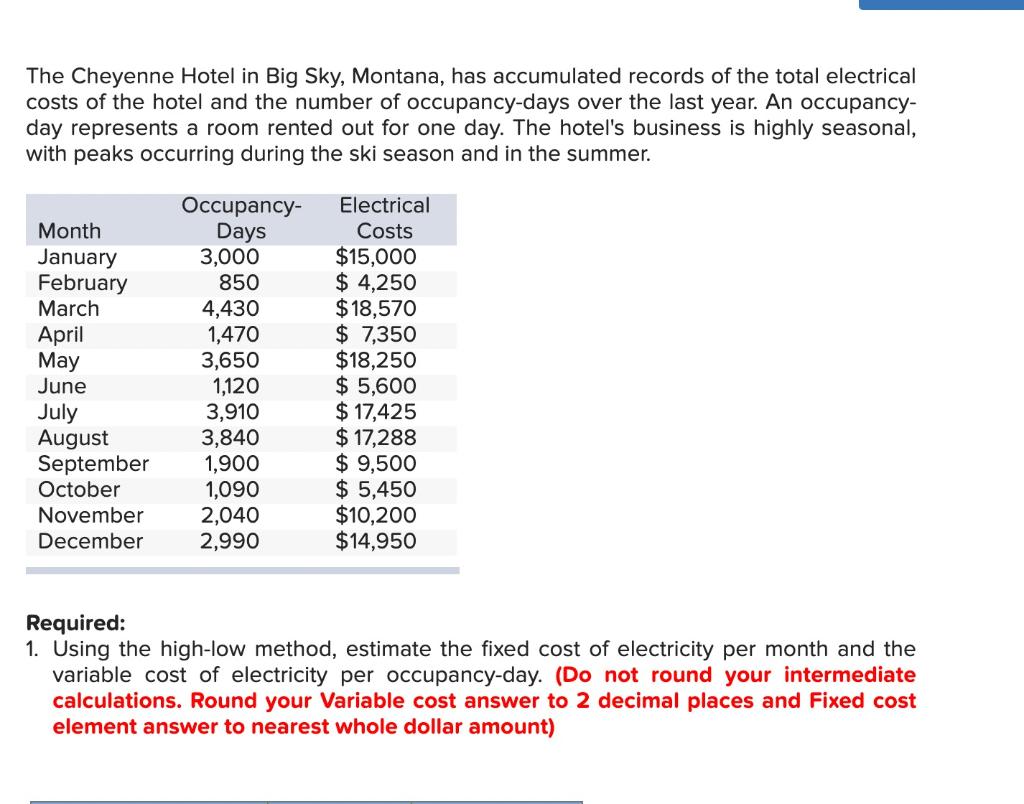1. Using the high-low method, estimate the fixed cost of electricity per