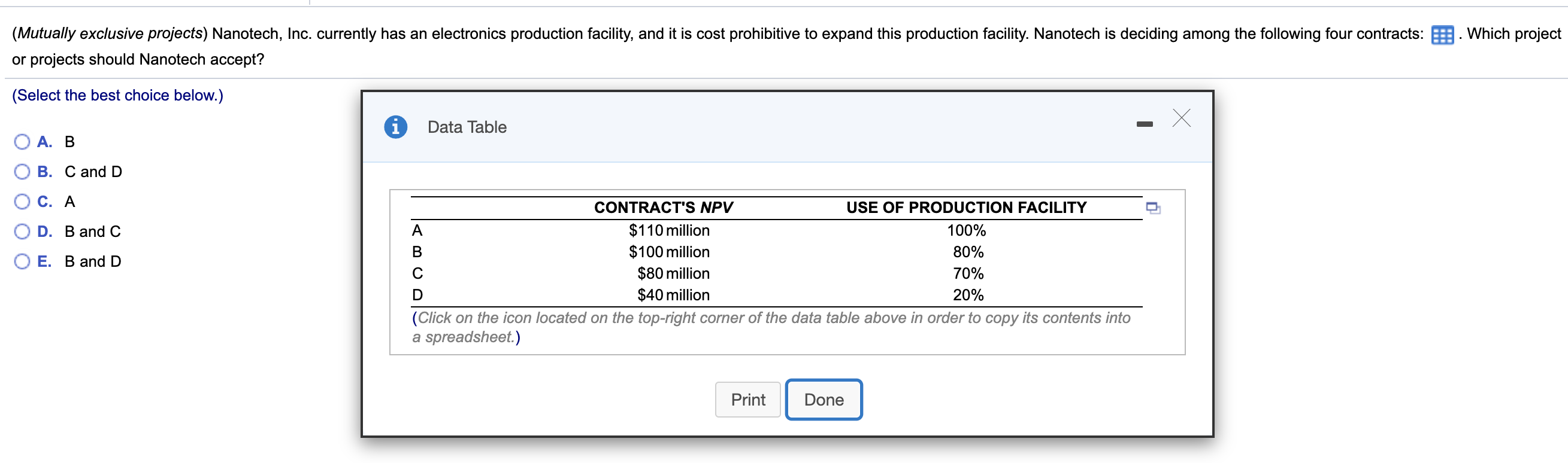 (Mutually exclusive projects) Nanotech, Inc. currently has an electronics production facility,