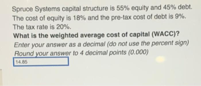  Spruce Systems capital structure is 55% equity and 45% debt. The