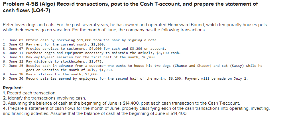  Problem 4-5B (Algo) Record transactions, post to the Cash T-account, and