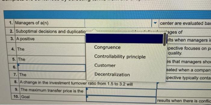 10- 1,10-2, 10-3, 10-4. 10-5, 10-6) Complete the sentences by selecting terms