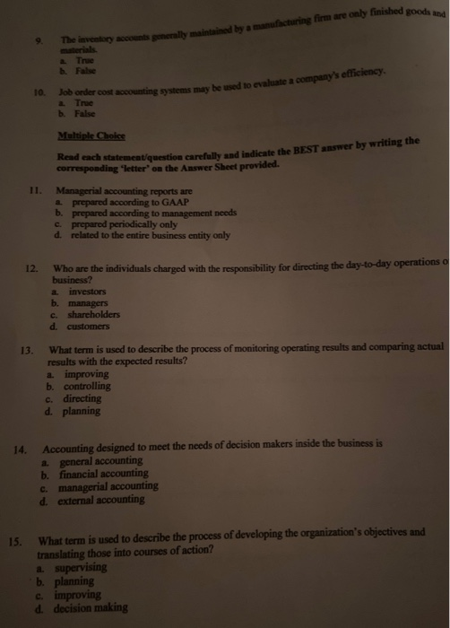  - are only finished goods and nerally maintained by a manufacturing