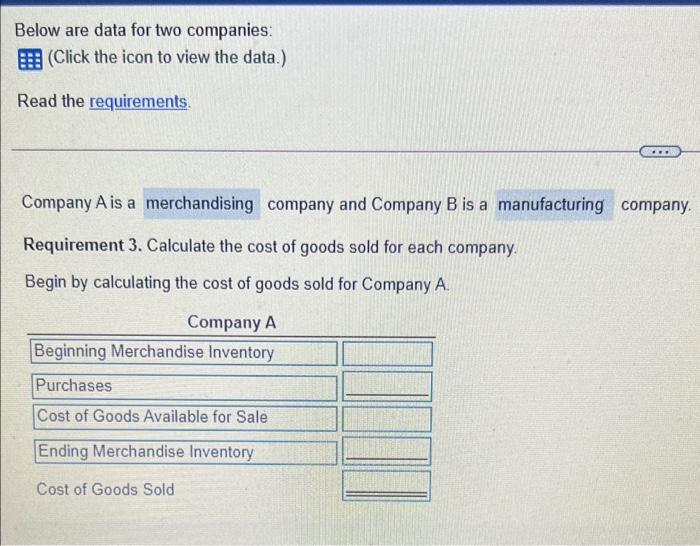  Below are data for two companies: (Click the icon to view