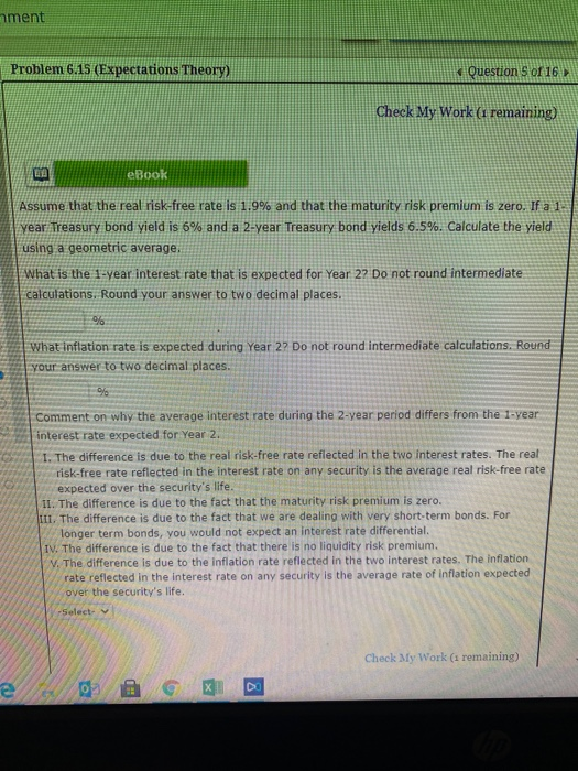 nrnent Problem 6.15 (Expectations Theory) Qestion Sot 16 My rmai@ing) AC$utne that