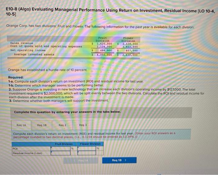  E10-8 (Algo) Evaluating Managerial Performance Using Return on Investment, Residual Income