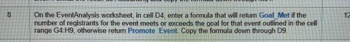 8 12 On the EventAnalysis worksheet, in cell D4, enter a