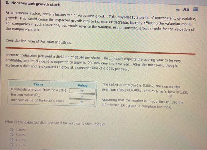  8. Nonconstant growth stock Aa Aa E As companies evolve, certain