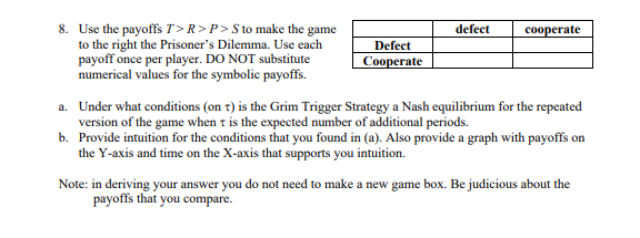 8. Use the payoffs T>R>P> Sto make the game defect cooperate