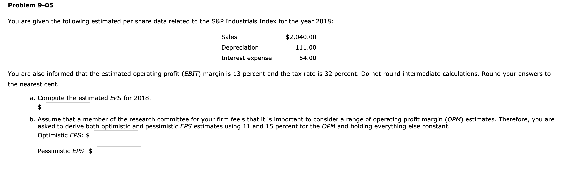  Problem 9-05 You are given the following estimated per share data