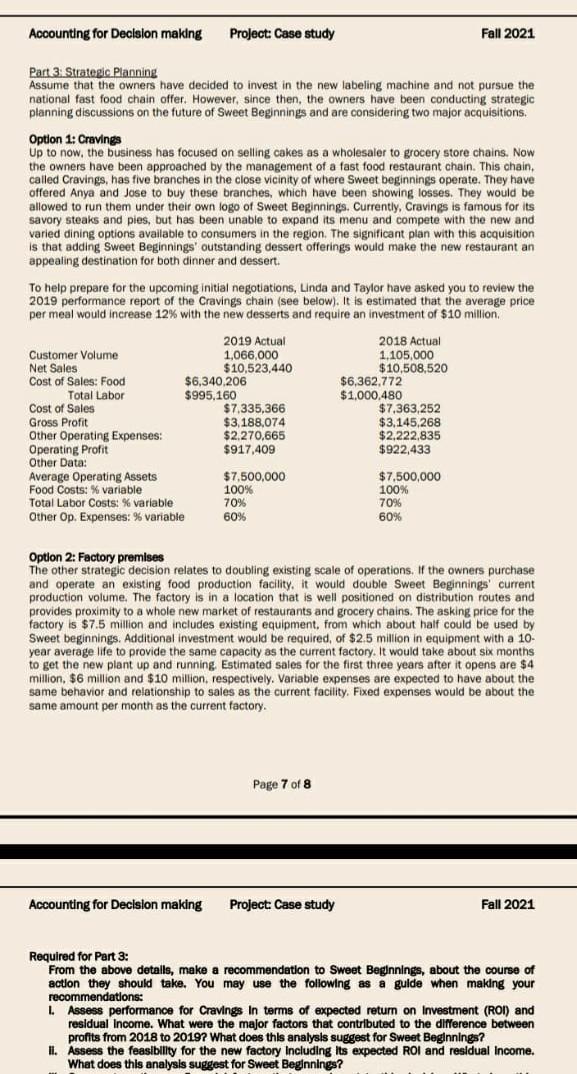 Accounting for Decision making Project: Case study Fall 2021 Part 3.
