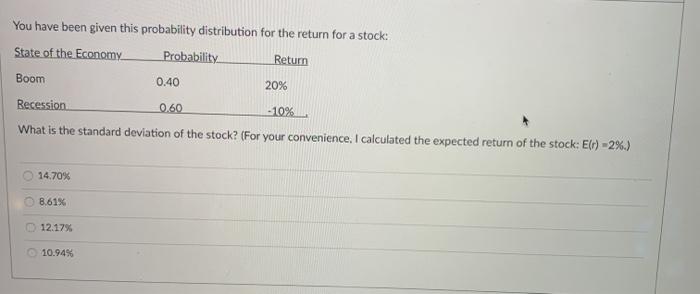  You have been given this probability distribution for the return for