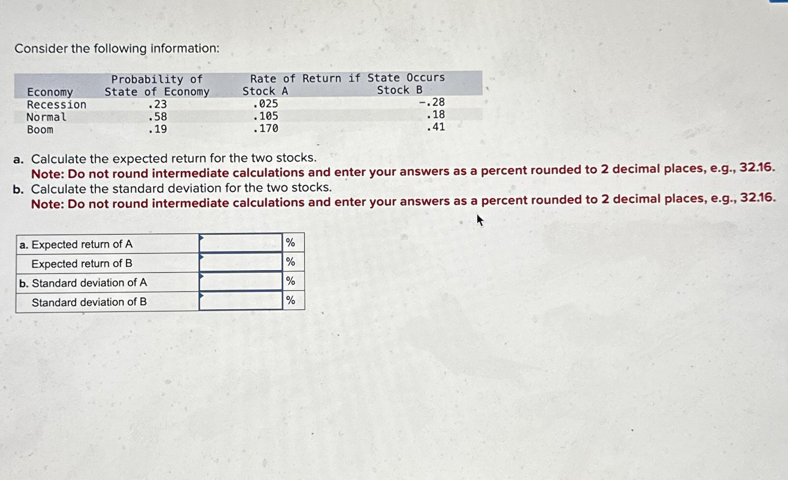  Consider the following information: a. Calculate the expected return for the