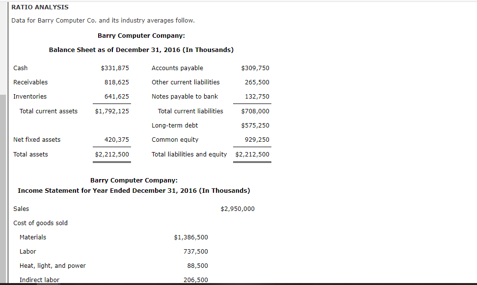  RATIO ANALYSIS Data for Barry Computer Co. and its industry averages