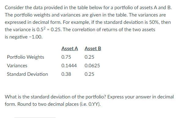  Consider the data provided in the table below for a portfolio