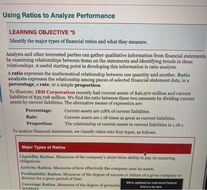  Using Ratios to Analyze Performance LEARNING OBJECTIVE *5 Identify the major