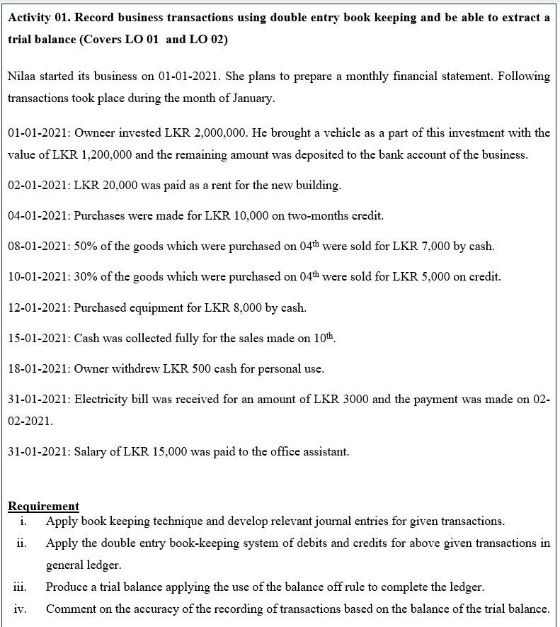  Activity 01. Record business transactions using double entry book keeping and